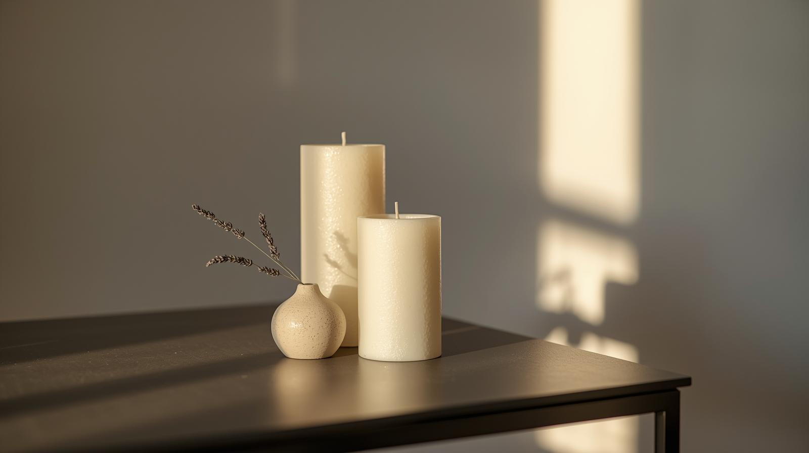 hohe Säulen in unterschiedlichen Tönen von cremefarbenem und Creme, eingebettet auf einem dunkelgrauen Tisch