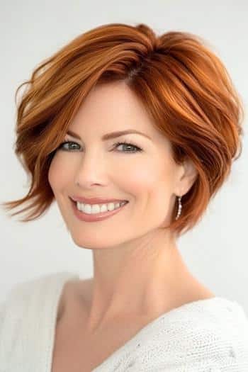 Strukturierte Kupferpixie Bob Haarschnitt auf einer lächelnden Frau mit Kupferhaar.