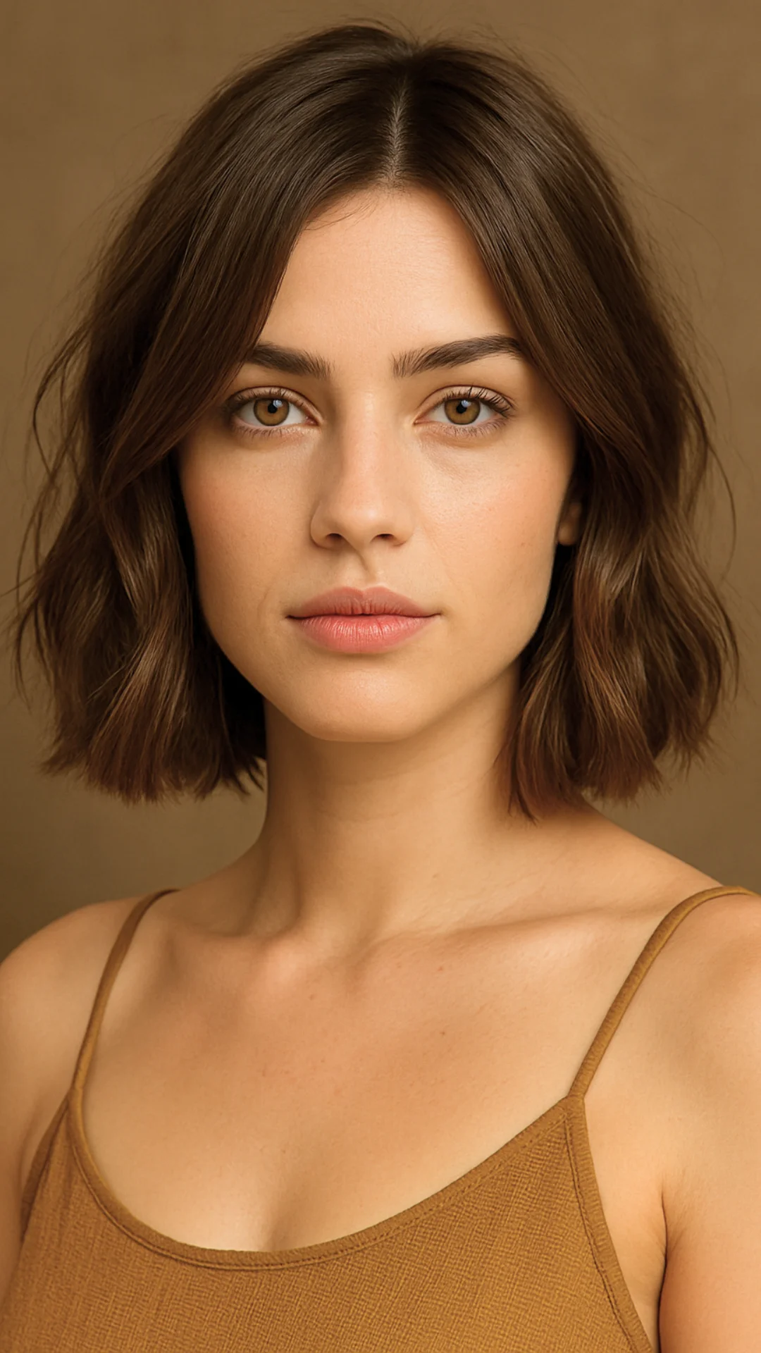 strukturierter Lob Haarschnitt mit Wellen auf Frau, die Senfpophe tragen