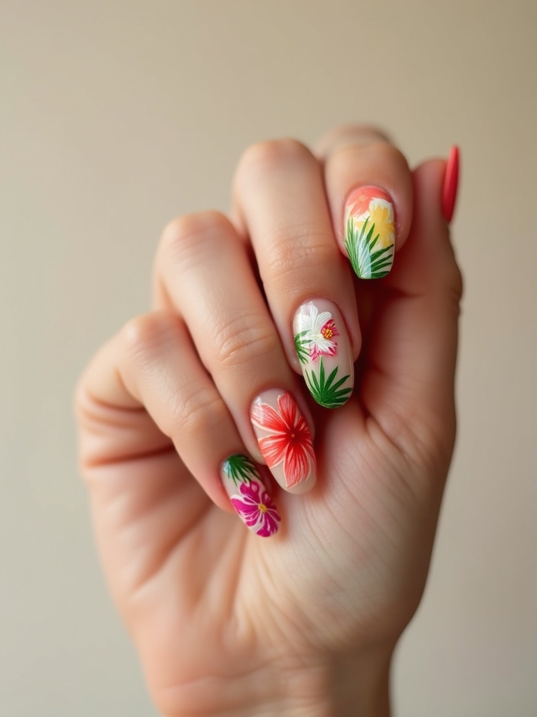 Tropische, florale, urlaubsfertige Nägel