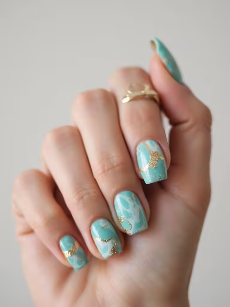 Türkis marmorierte Nägel mit Gold