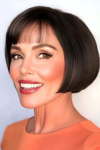 Ultra-Short Blunt Bob mit wispy Pony-Haarschnitt auf einer lächelnden Frau mit braunem Haar.