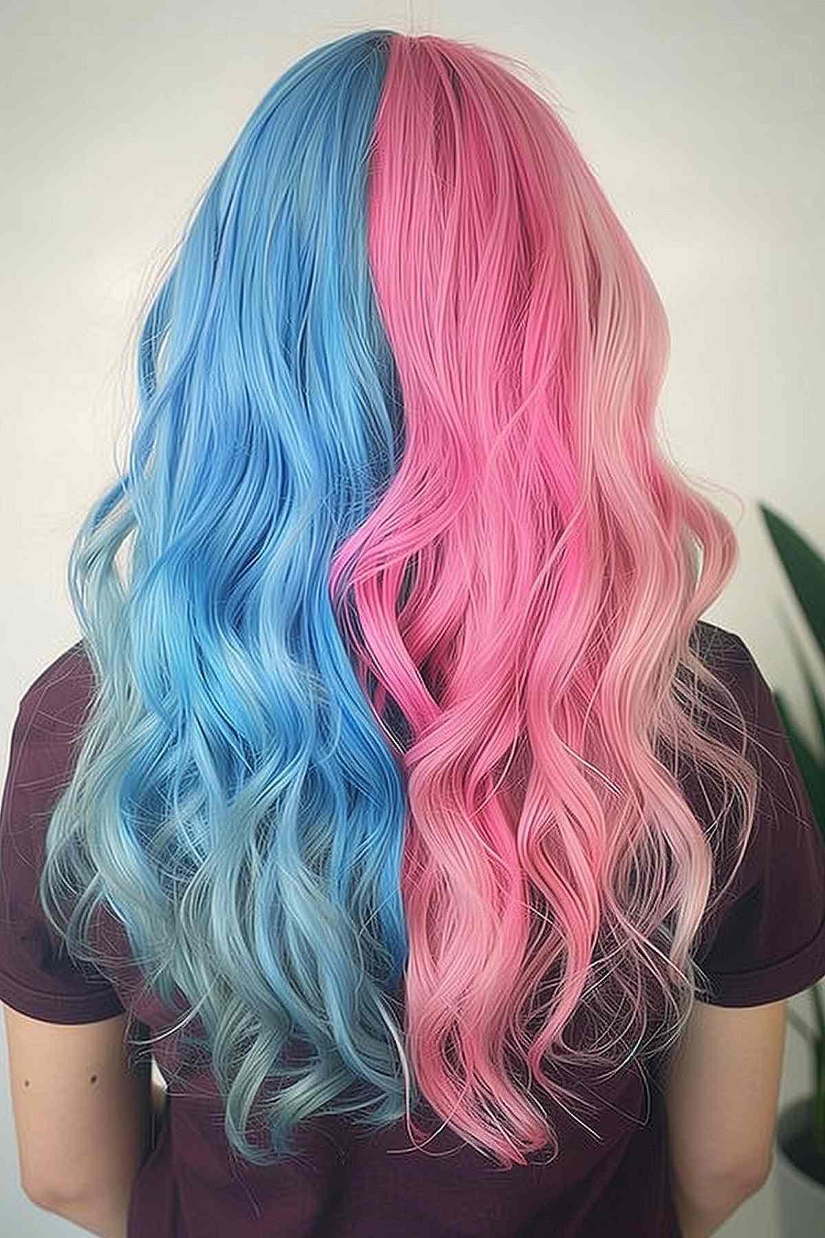 Wellige Haare in Pastellblau und Rosa, verkörpert einen skurrilen und luftigen Gemini-inspirierten Stil.