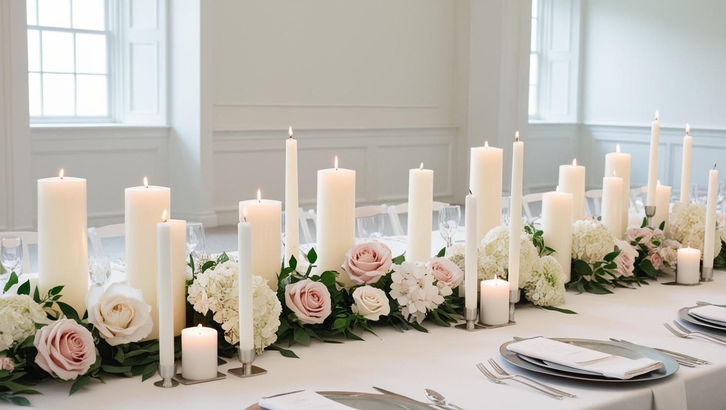 Hochzeitsmittelstücke mit minimalistischen weißen Kerzenclustern und Blumen