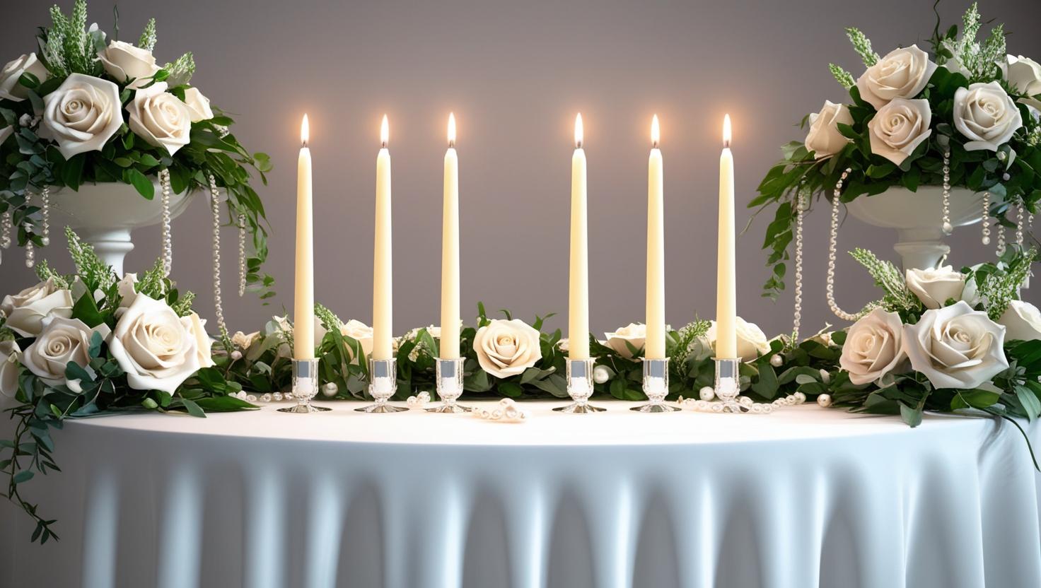 Hochzeitsdekoration mit hohen eleganten Kerzen und Blumen