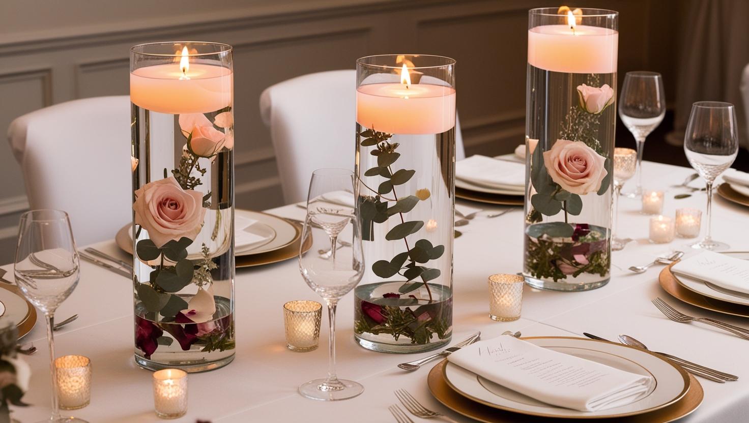 Hochzeitstischdekor -Ideen mit eleganten schwimmenden Kerzen