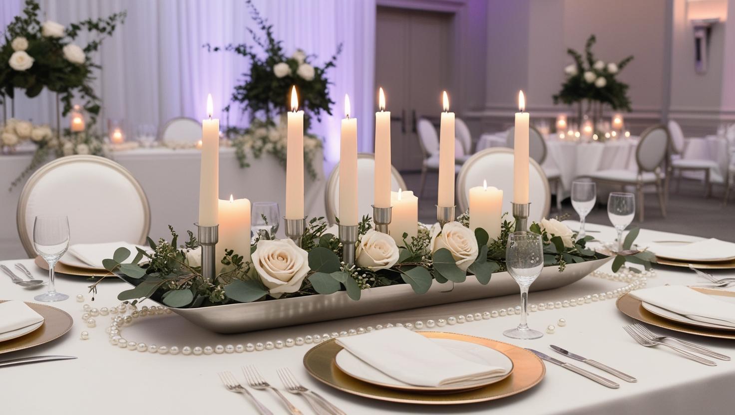 Hochzeitstischdekoration mit Kerzen und Blumen