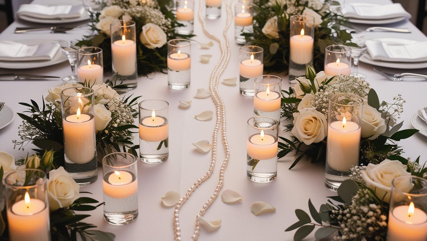 Hochzeitstischdekoration mit schwimmenden Kerzen