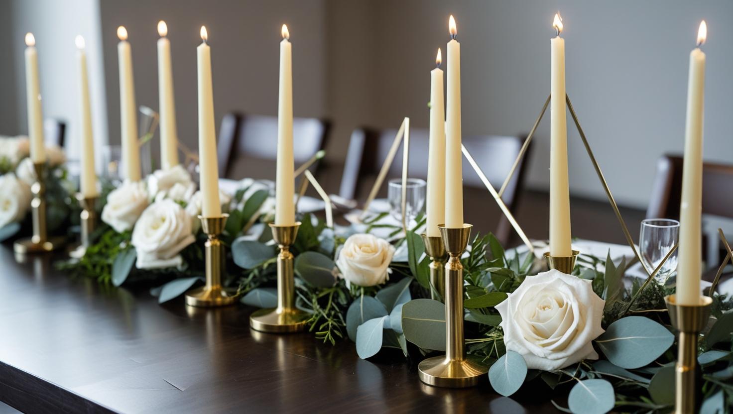 Hochzeitstisch -Einstellung mit sich verjüngenden Kerzen in eleganten Messingkerzenhaltern