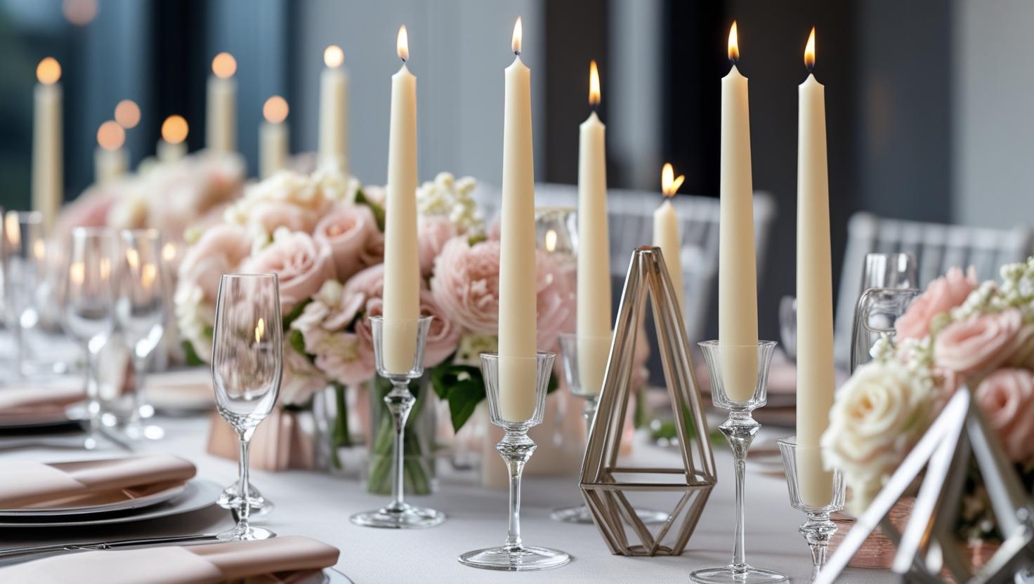 Hochzeitsverjüngungskerzen in eleganten Glaskerzenhaltern für Hochzeitstischdekoration