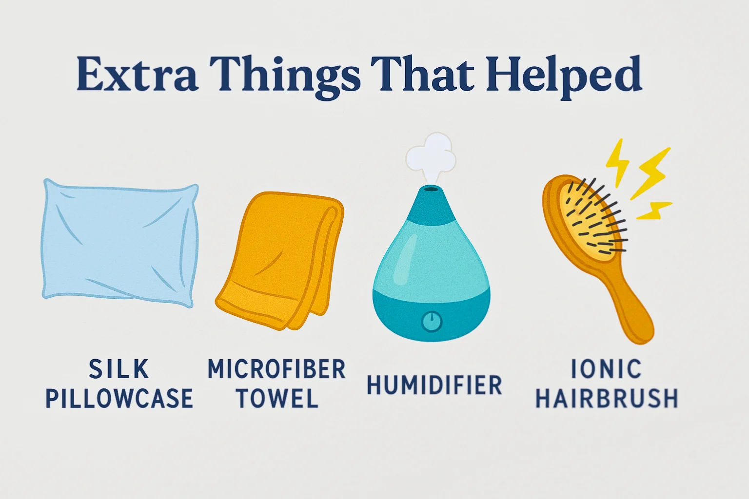 Infografik mit Satin-Kissenbezug, Bürste, Handtuch und Luftbefeuchter zur Entlastung statischer Haare.
