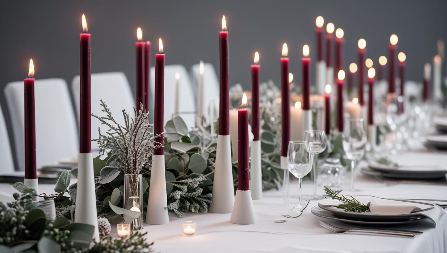 Winter Hochzeitsdekoration mit burgunderischen Verjüngungskerzen