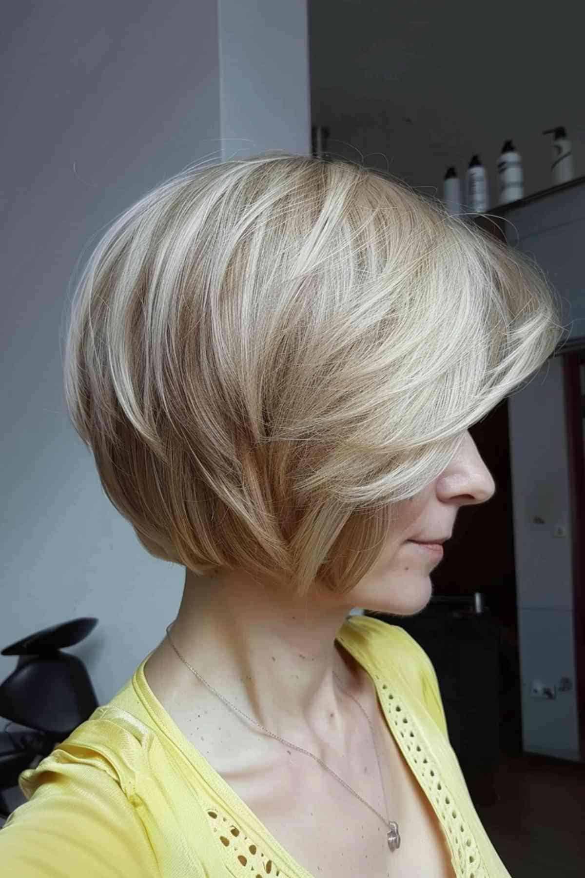 Wispy White-Blonde Bob Haarschnitt mit Schichten für zusätzliches Volumen und Bewegung.
